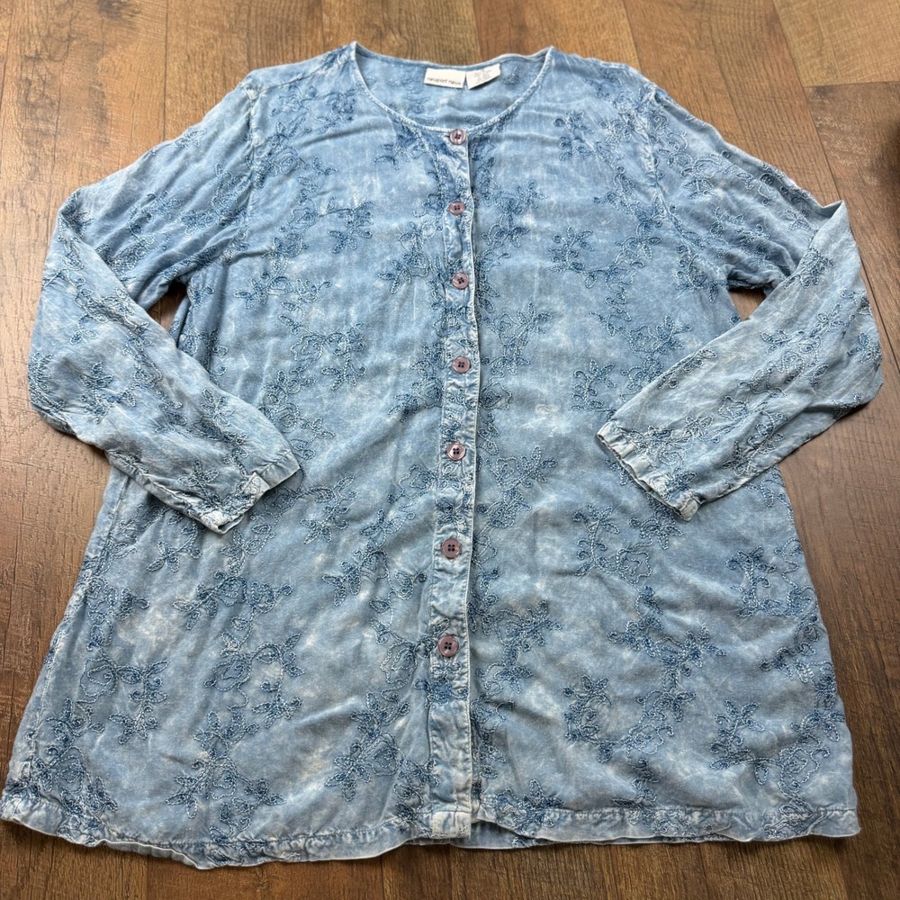 Vintage Newport News Blue Acid Wash Embroidered Rayon Button Blouse Size 12
